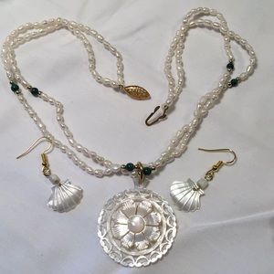 Vintage carved shell necklace and earrings